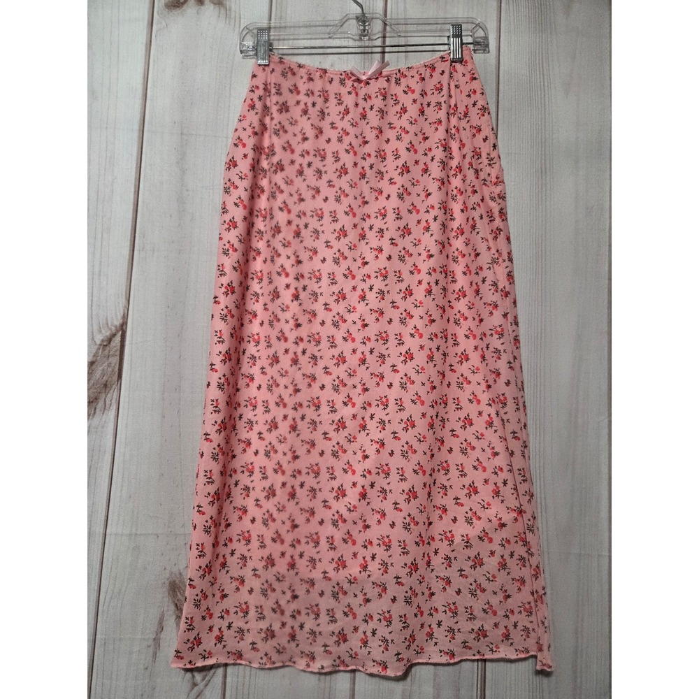 ROMWE Pink Ditsy Floral Kawaii Mesh Midi Skirt Women's Size S